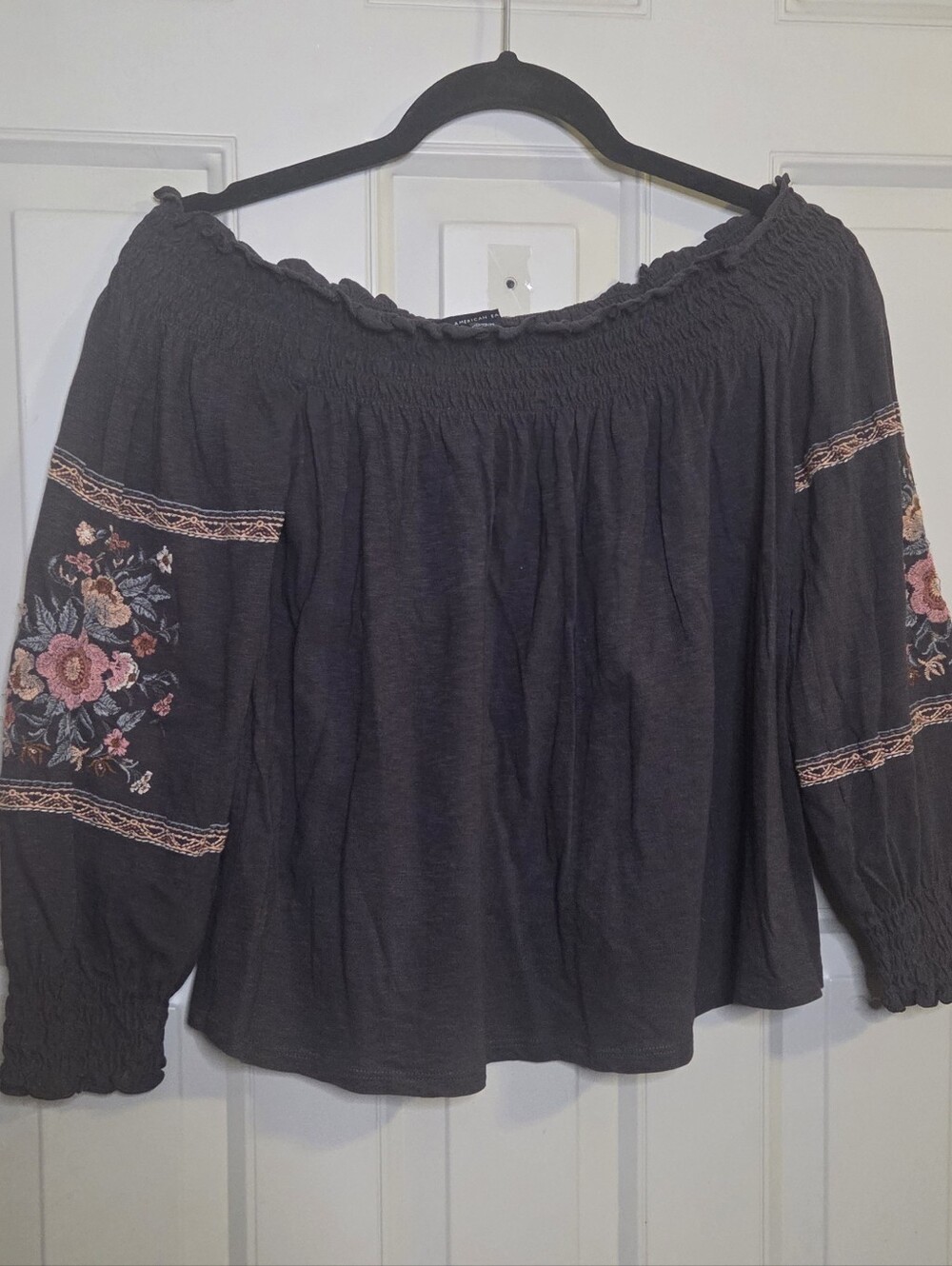 American Eagle Outfitters Charcoal Off-Shoulder Floral Embroidered Tunic